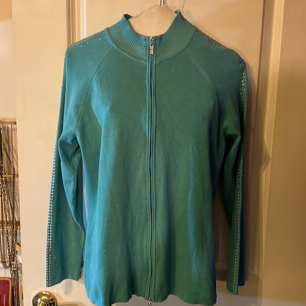 Aqua front zipper with rhinestones on sleeves